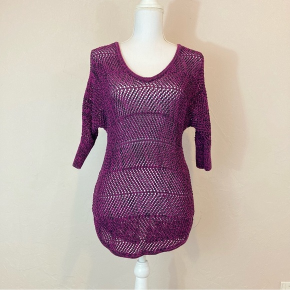 Express Purple Black Open Knit Sheer 3/4 Sleeve V-neck Sweater Small - Picture 6 of 6
